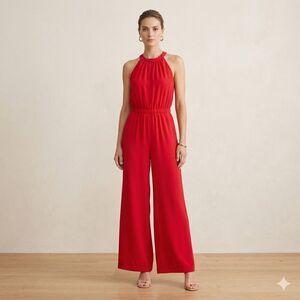 NY&Co New York & Company Red Halter Sleeveless Wide Leg Jumpsuit Size M EUC